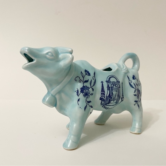 Vintage Blue Cow Creamer Pennsylvania Liberty Bell Delft Japan Spin Original - Picture 1 of 16